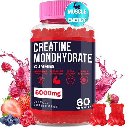 Creatine Monohydrate Gummies for Women & Men Taurine & B6 Chewable Creatine Pre Workout Gummies for Max Strength & Muscle Growth Energy Endurance Creatine 5g Per Serving - 1 Pack
