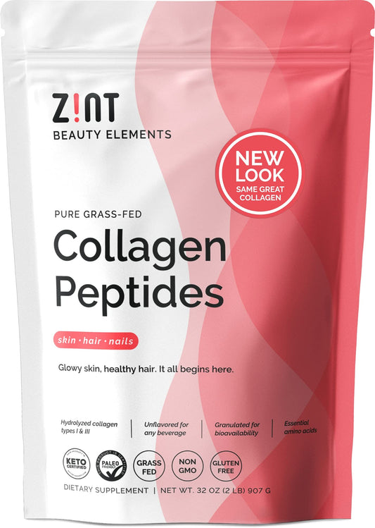 Zint Collagen Peptides Powder (32 oz): Paleo-Friendly Keto-Certified Grass-Fed Hydrolyzed Collagen Protein Supplement - Unflavored Non GMO