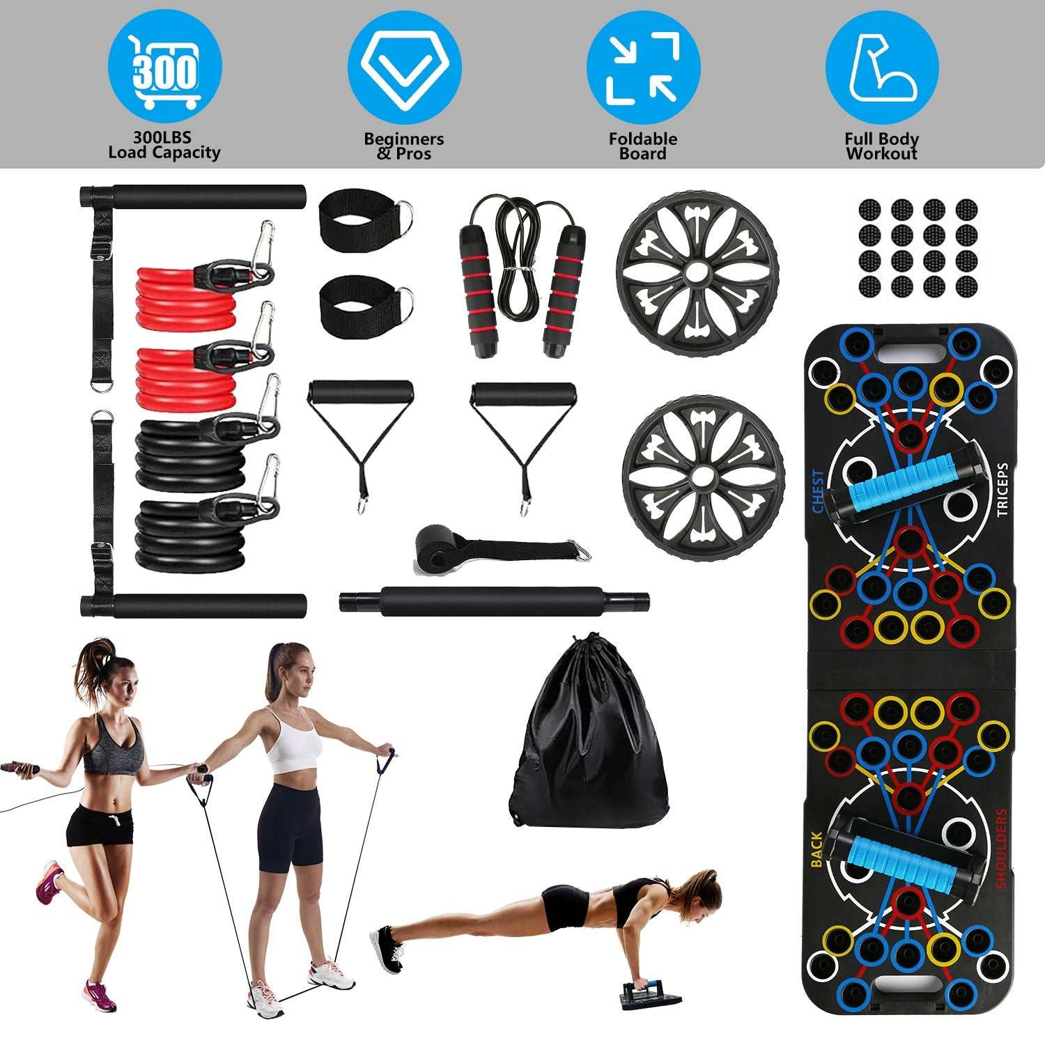 Ultimate push-up board 15-piece home gym kit with color-coded system